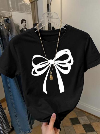 Girls Summer Fashion Bow Tie Print Short Sleeve T-Shirt, Casual Outdoor Wear, Comfortable Fit, Moderate Fabric, Perfect for Summer Activities, Cute bow tshirt