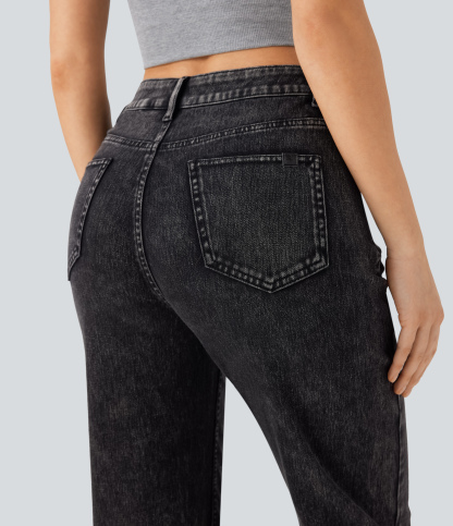 FlexHigh Waisted Zipper Pockets Straight Leg Casual Jeans