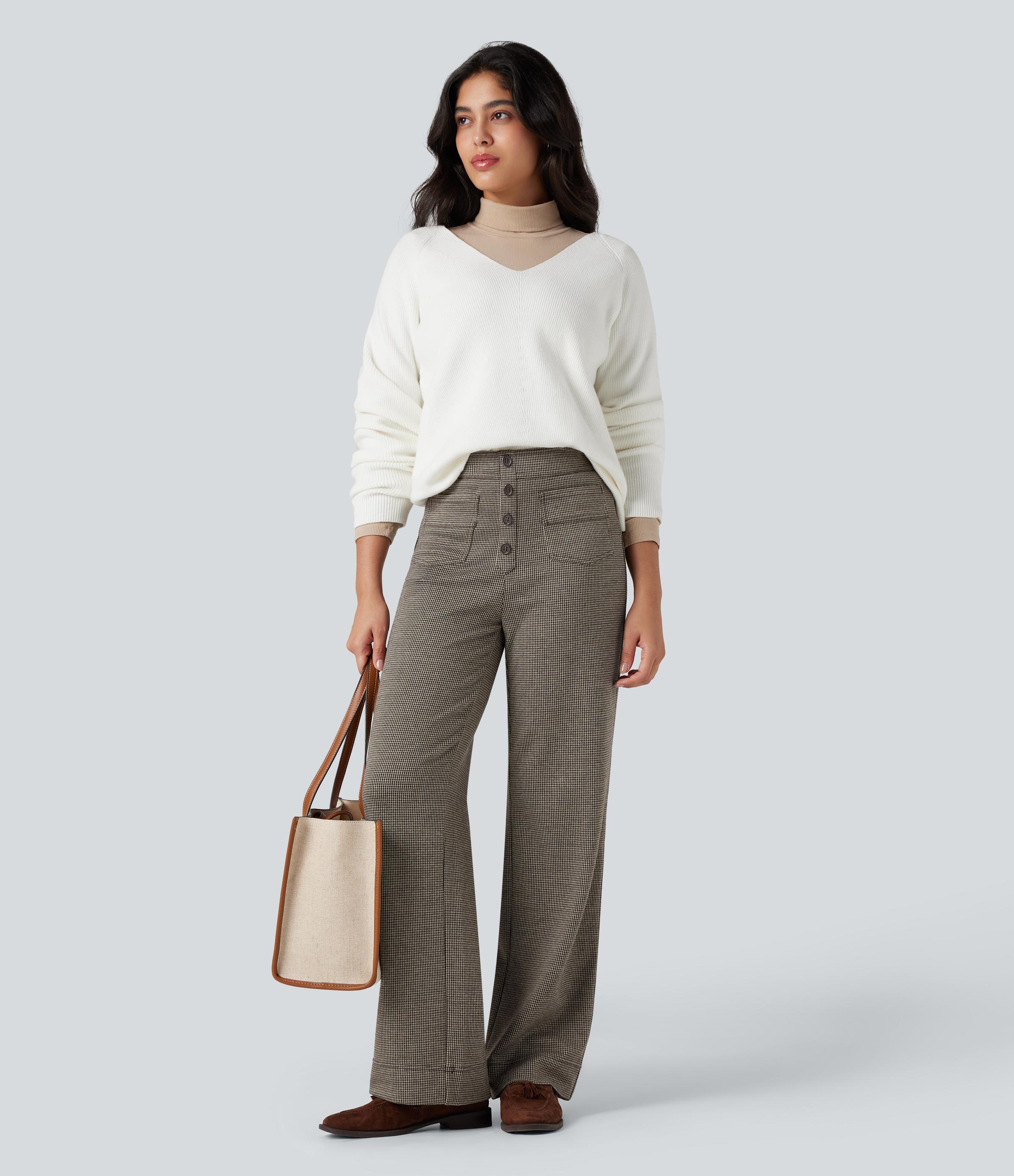 FlexHigh Waisted Houndstooth Straight Leg Work Pants with Pockets