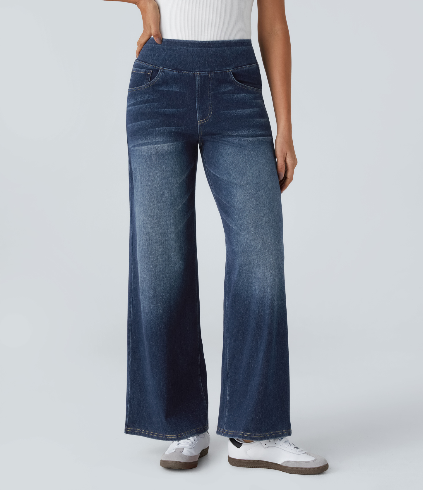 FlexHigh Waisted Pockets Baggy Wide Leg Washed Casual Jeans