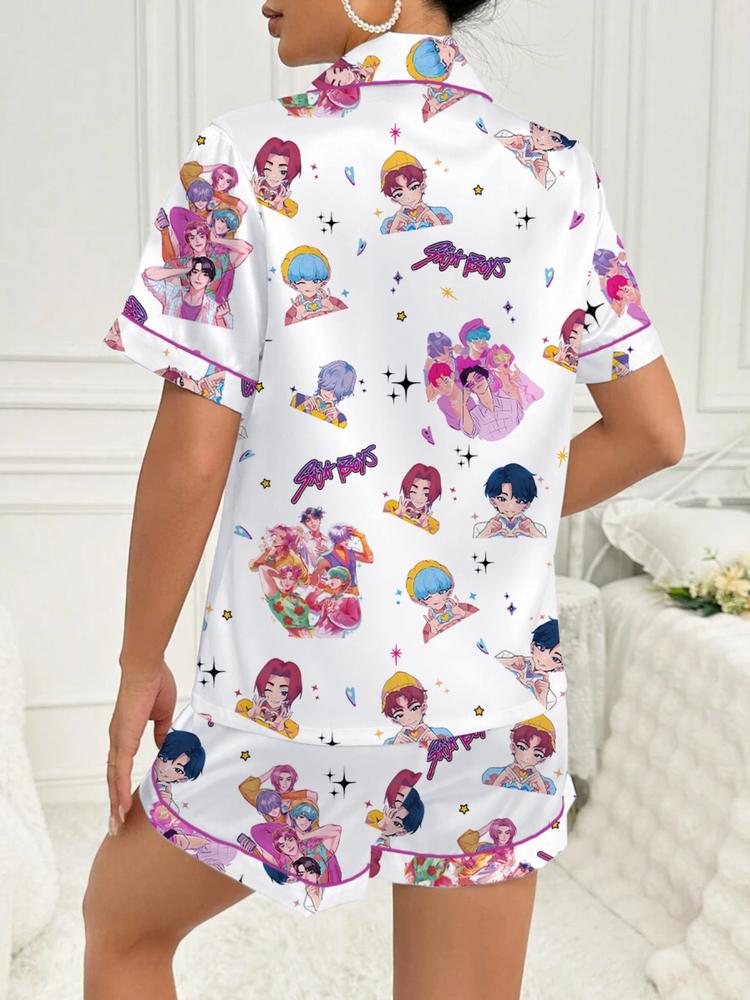 Women's K-Pop Demon Hunter Tiger Pajama Set, Two-Piece Short Sleeve Button-Up Top & Shorts, Comfortable Home Wear, Netflix Fan Gift