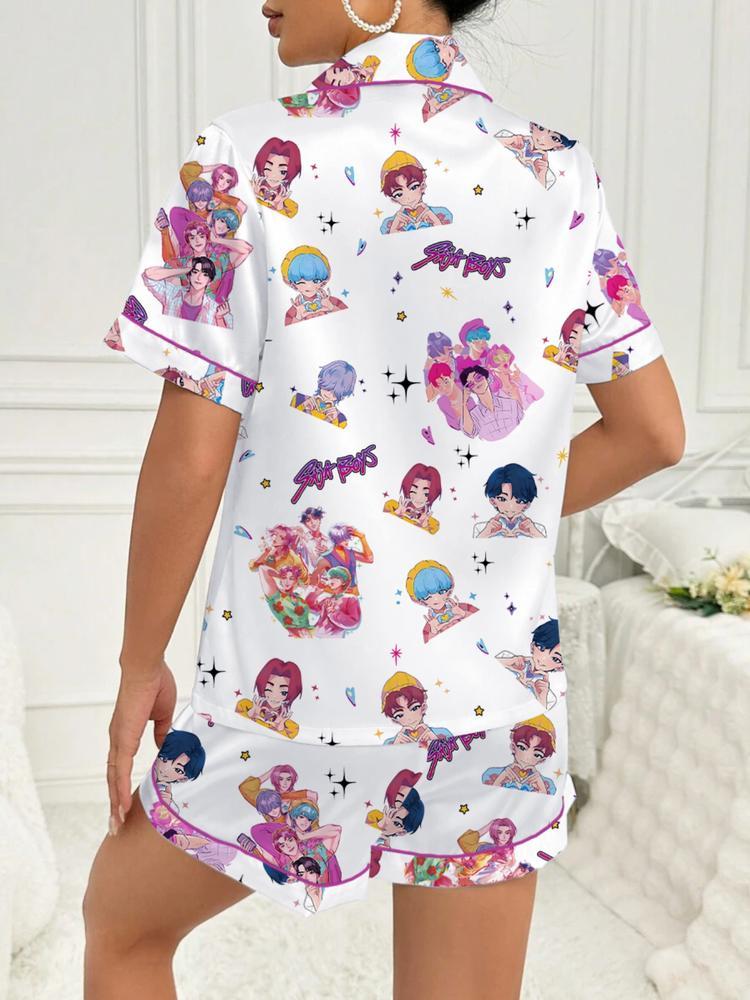 Women's K-Pop Demon Hunter Tiger Pajama Set, Two-Piece Short Sleeve Button-Up Top & Shorts, Comfortable Home Wear, Netflix Fan Gift