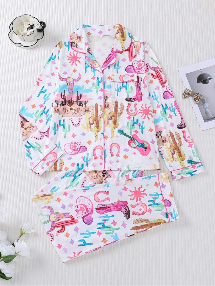 Women's Denim Pattern Pajama Set, Long Sleeve Shirt Collar Soft Top & Elastic Pants, Casual Home Wear for Fall Winter Holidays