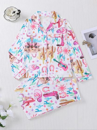 Women's Denim Pattern Pajama Set, Long Sleeve Shirt Collar Soft Top & Elastic Pants, Casual Home Wear for Fall Winter Holidays