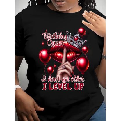 Queen's Birthday Queen Pattern T-shirt Casual round-neck T-shirt with balloon and lip print, suitable for all seasons, Allseason Top Fashion