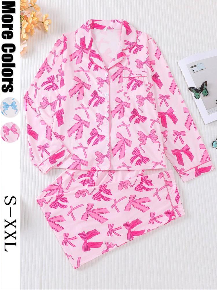 Women's 2-Piece Pajama Set, Bowknot Print, Holiday Party Sleepwear, Soft Shirt Collar Top & Elastic Pants, Casual Home Wear, Matching Pj Set