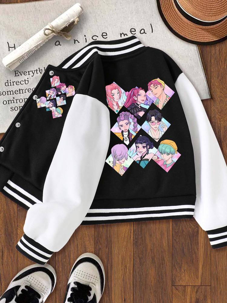 KPOP-Huntress Girl Group  Girls Short Baseball Jacket with Cartoon Design, Fitted Activewear for Kids, Elastic Fabric for Fall & Winter, Trendy School Uniform for Halloween