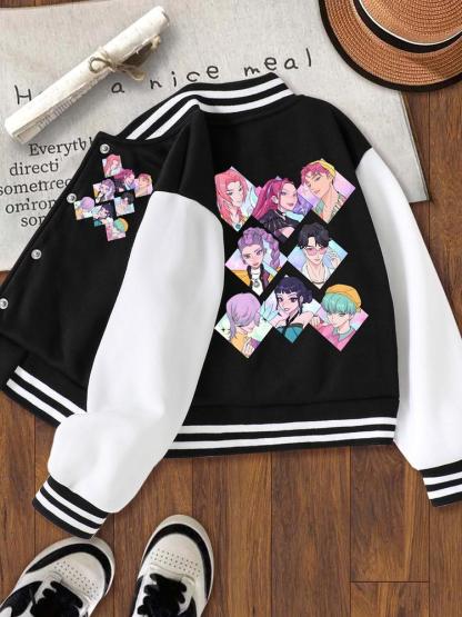 KPOP-Huntress Girl Group  Girls Short Baseball Jacket with Cartoon Design, Fitted Activewear for Kids, Elastic Fabric for Fall & Winter, Trendy School Uniform for Halloween