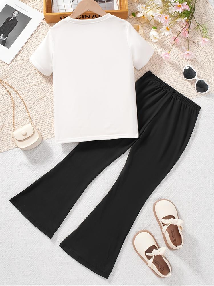 Halloween Christmas Costume Set, Witch Pattern Print 2-Piece Girls Casual Sports Short Sleeve & Bell Bottoms, Youth Trendy Sportswear