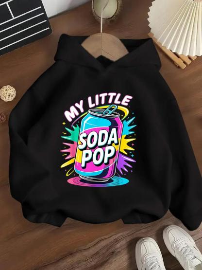 Kpop Demon Hunters Girls' Long Sleeve Hoodie, Casual Cartoon Soda Drink Pattern, Spring & Fall Fashion, Comfortable Trendy Sweatshirt, Graphic Casual Hoodie