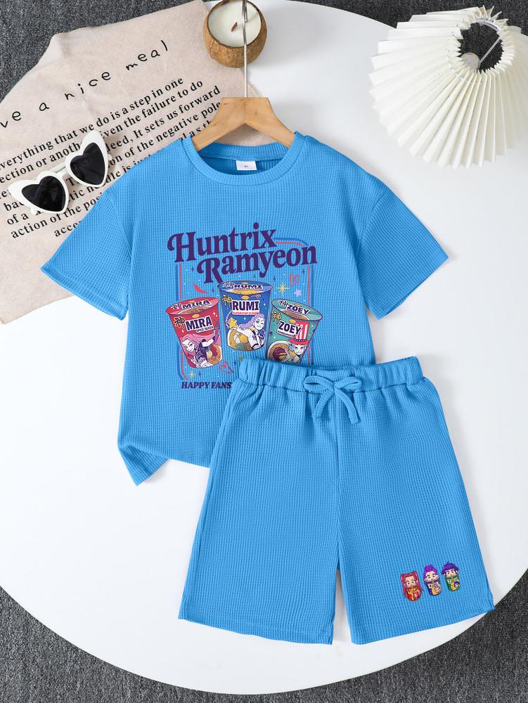 CrevNeck Teen Girls Outfit Purple Graphic Print Short Sleeve T-Shirt & Shorts Set for Spring Summer Fall Casual Wear