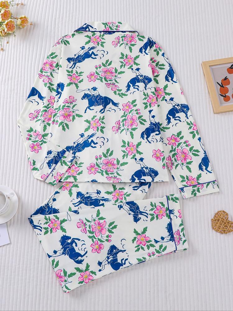 Women's Floral & Horse Print Pajama Set, Long Sleeve Button Front Top, Elastic Pants, Casual Fall Winter Sleepwear