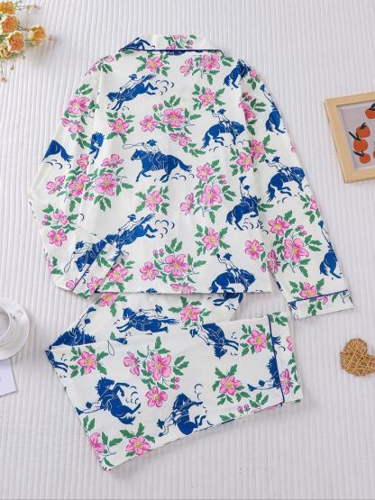 Women's Floral & Horse Print Pajama Set, Long Sleeve Button Front Top, Elastic Pants, Casual Fall Winter Sleepwear