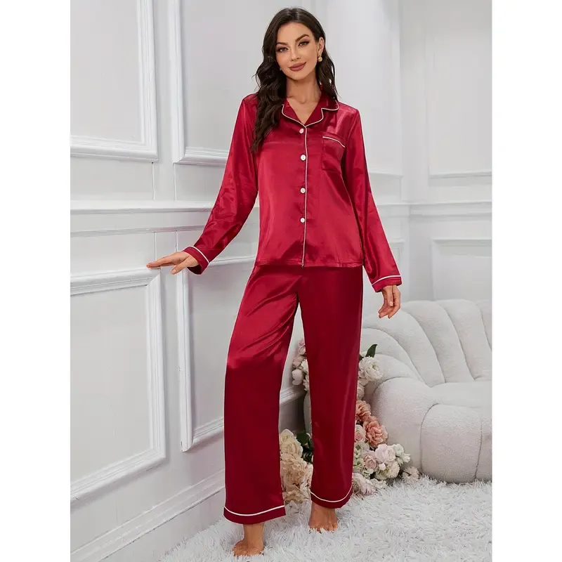 Women'S Red Satin Pajama Set - Long Sleeve, Button-Up, Casual Style, Perfect for Fall/Winter, Cozy Home Wear, Cozy Home Wear | Satin Finish | Satin Fabric