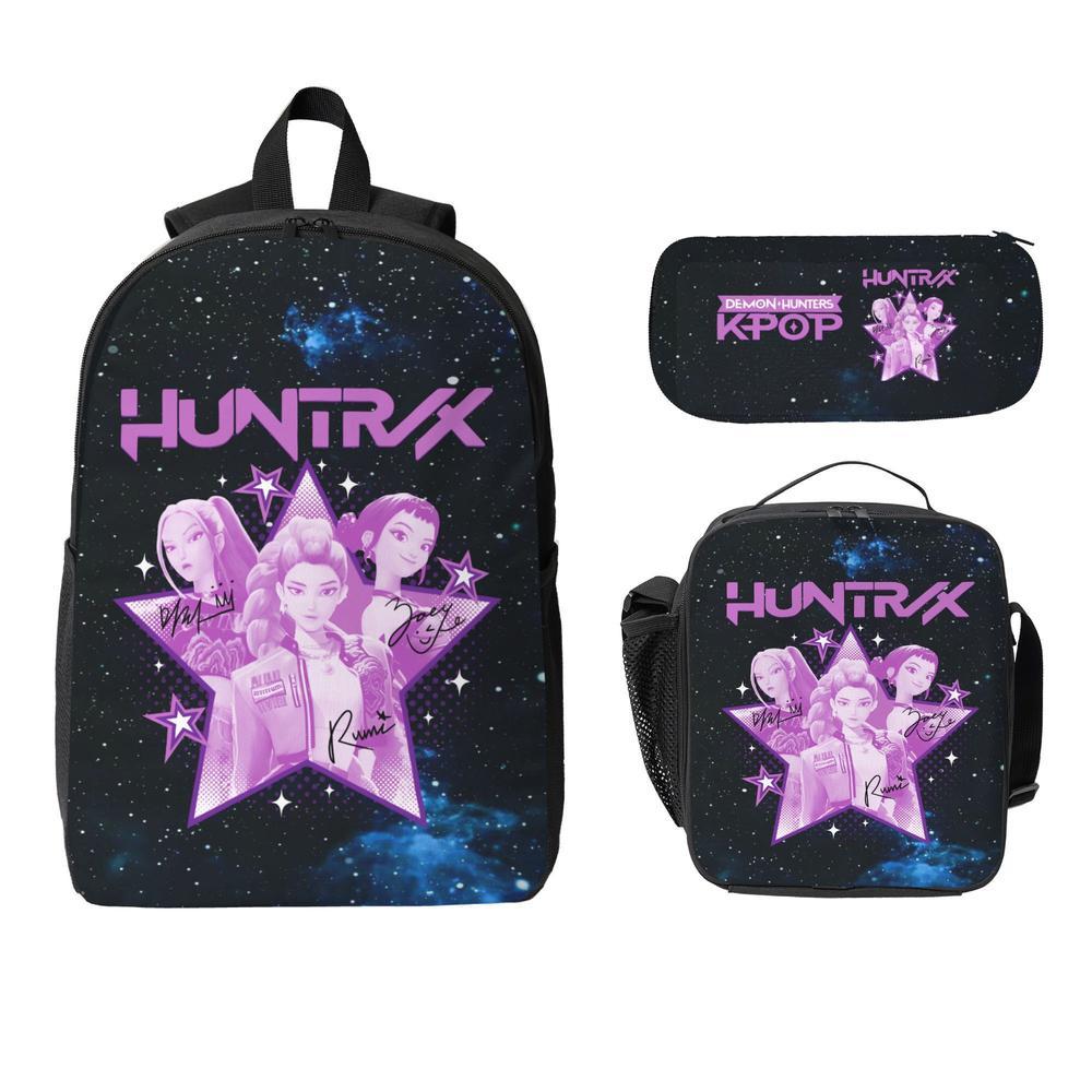 3PCS Large Capacity K-POP Demon Hunters Backpack Set - Black Laptop Schoolbag + Insulated Portable Lunch Bag + Pencil Case, Fashionable Functional Bag for Teens Men Women, Great for Daily Use & Gifts