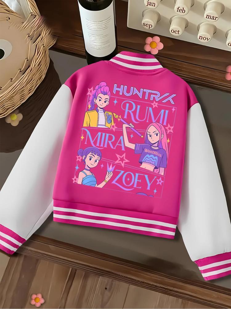 Girls' Halloween Cartoon Print Baseball Jacket, Elastic Fabric, Fitted Design, Perfect for Outdoor & Indoor Activities