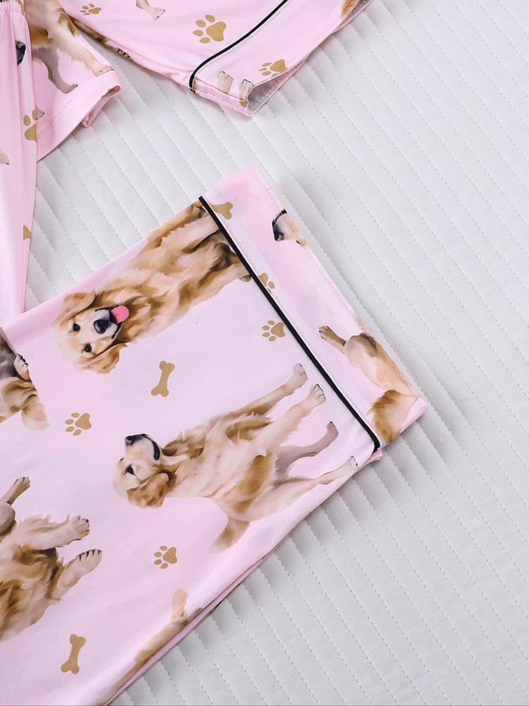 Women's Cute Dog Print Pajama Set, Long Sleeve Shirt Collar Top & Elastic Pants, Casual Fall Winter Sleepwear, Comfortable Home Wear