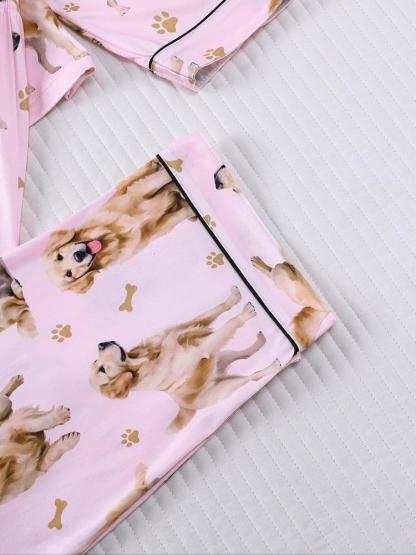 Women's Cute Dog Print Pajama Set, Long Sleeve Shirt Collar Top & Elastic Pants, Casual Fall Winter Sleepwear, Comfortable Home Wear
