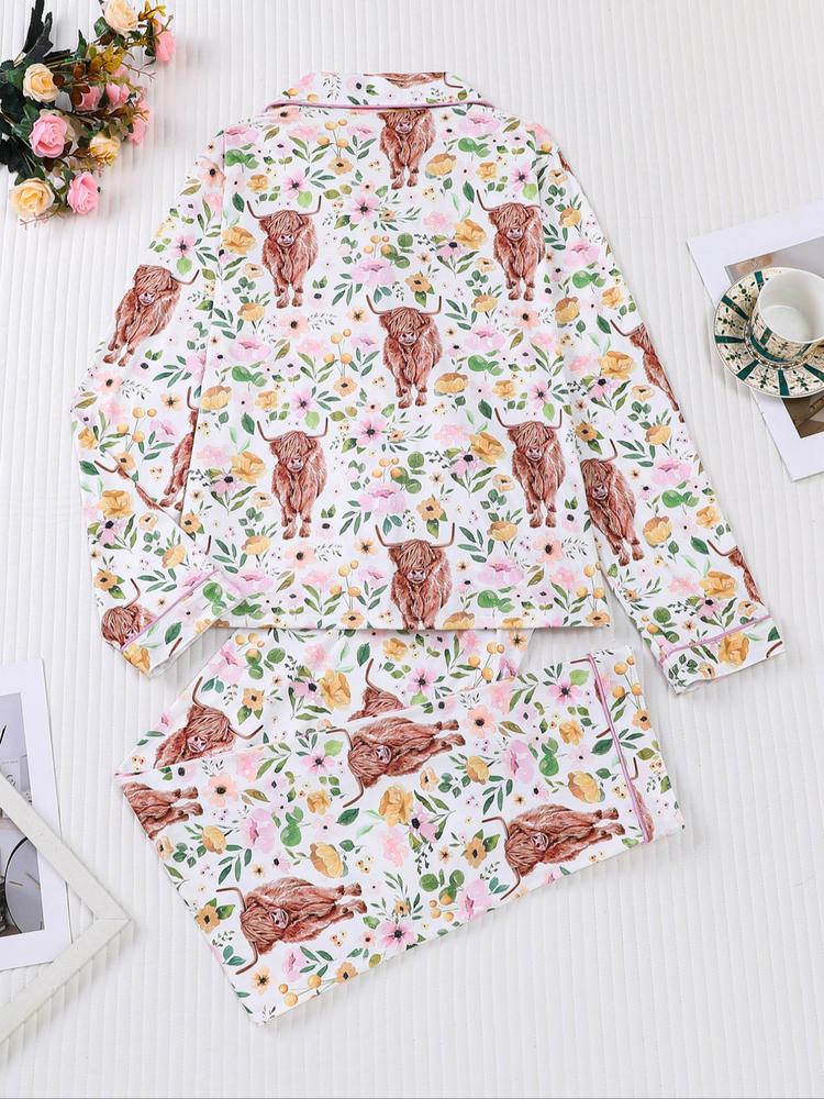 Women's 2-Piece Sleepwear Set, Highland Cow Print, Soft Shirt Collar Top & Elastic Pants, Casual Home Wear for Fall Winter