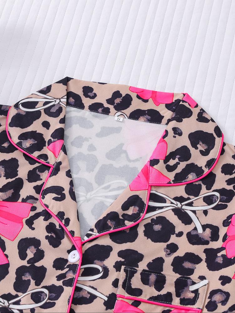 Women's Leopard Bow Printed Sleepwear Set, Casual Holiday, Soft Shirt & Elastic Shorts, All-Season Home Wear