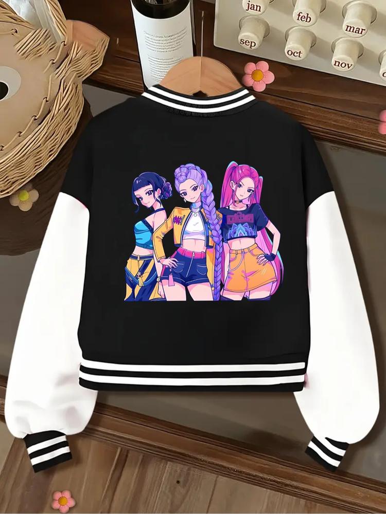 Girls Short Baseball Jacket Coat, Casual Sports School Uniform with Witch Design, Elastic Fabric, Youth Fashion Outerwear