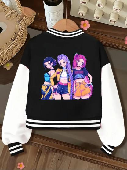 Girls Short Baseball Jacket Coat, Casual Sports School Uniform with Witch Design, Elastic Fabric, Youth Fashion Outerwear