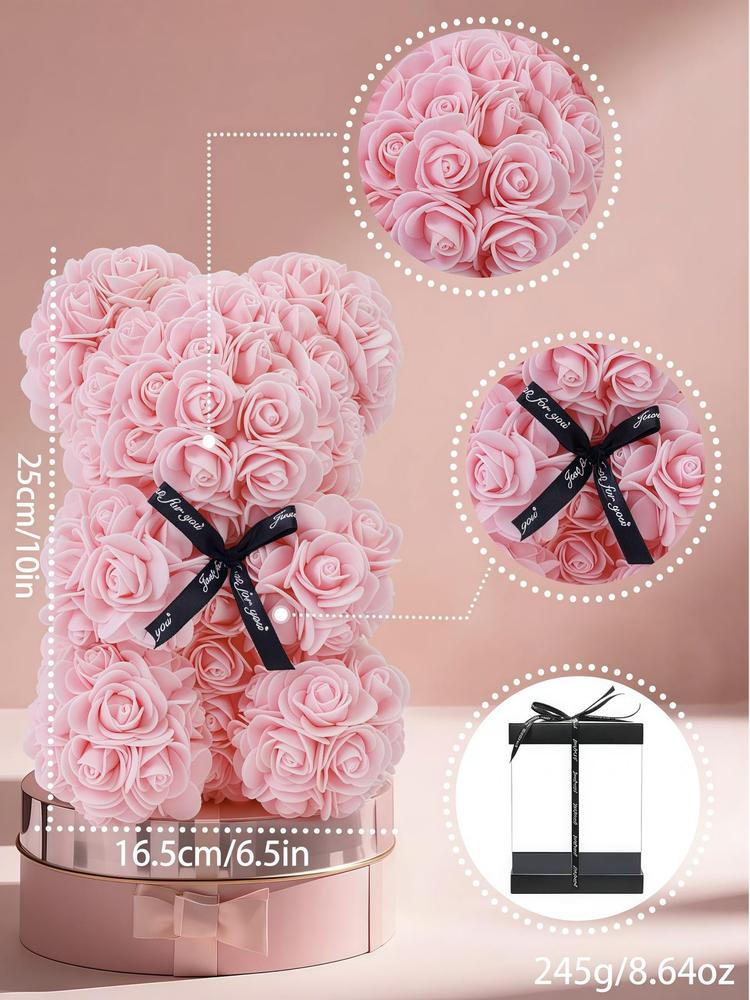 Rose Bear Gift Box, Including Bear Pendant Necklace & Artificial Rose Flower & Greeting Card & Gift Bag, Fashion Gift for Women & Girls