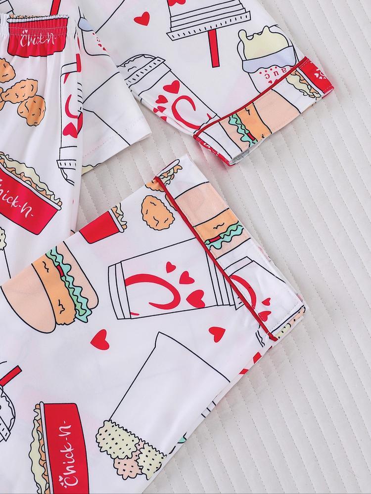Women's 2-Piece Loungewear Pajama Set, Burger Print, Holiday Party Sleepwear, Soft Shirt Collar Top & Elastic Pants, Casual Home Wear