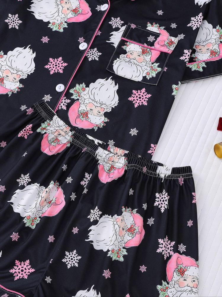 【Christmas】Women's Christmas Pajama Set, Soft Shirt Collar Top & Elastic Shorts, Fitted Casual Home Wear, Holiday Party Sleepwear