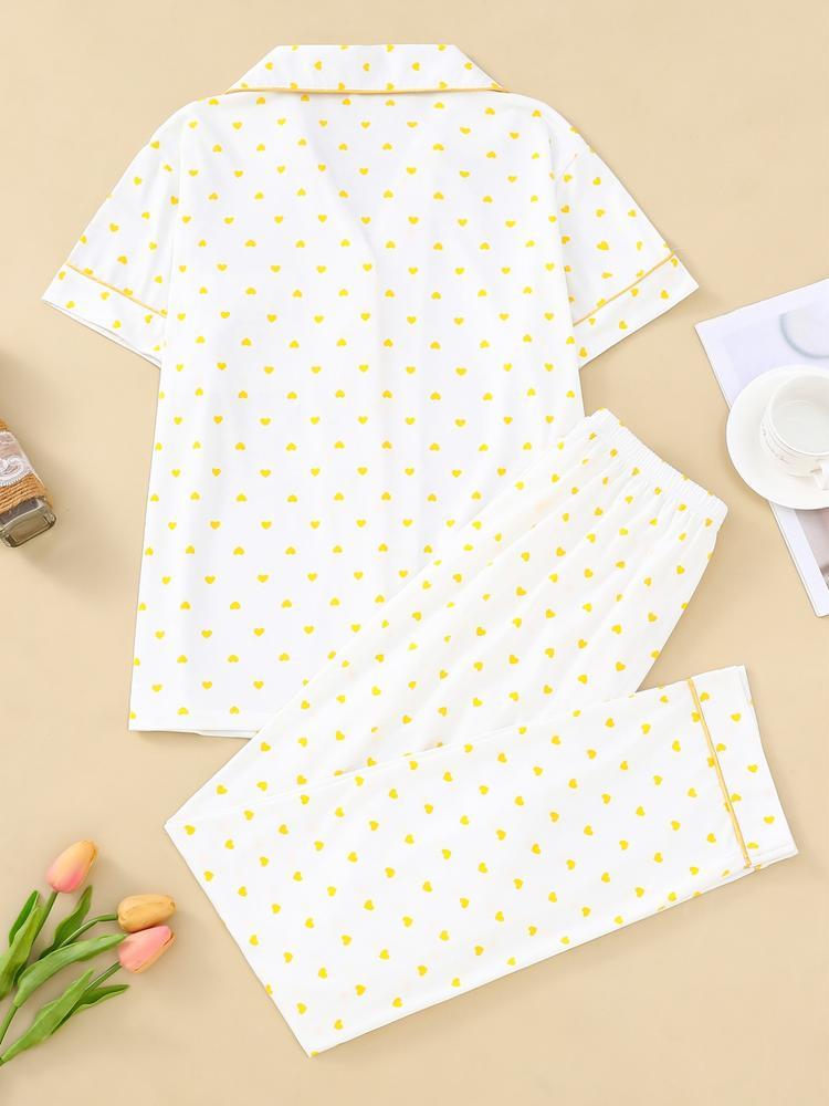 Women's Sleepwear Set, Heart Pattern, Elegant Casual, Comfortable Lapel Short Sleeve Top & Wide Leg Pants, Holiday Party Wear