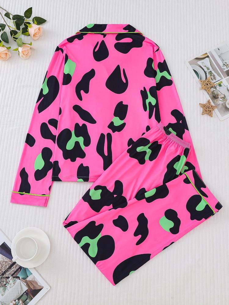 Women's Leopard Print Pajama Set, Casual Fitted Long Sleeve Top & Elastic Pants, Soft Comfortable Sleepwear for Fall Winter