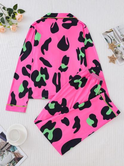 Women's Leopard Print Pajama Set, Casual Fitted Long Sleeve Top & Elastic Pants, Soft Comfortable Sleepwear for Fall Winter