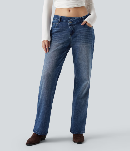 FlexAsymmetric Low Rise Straight Leg Casual Jeans with Pockets