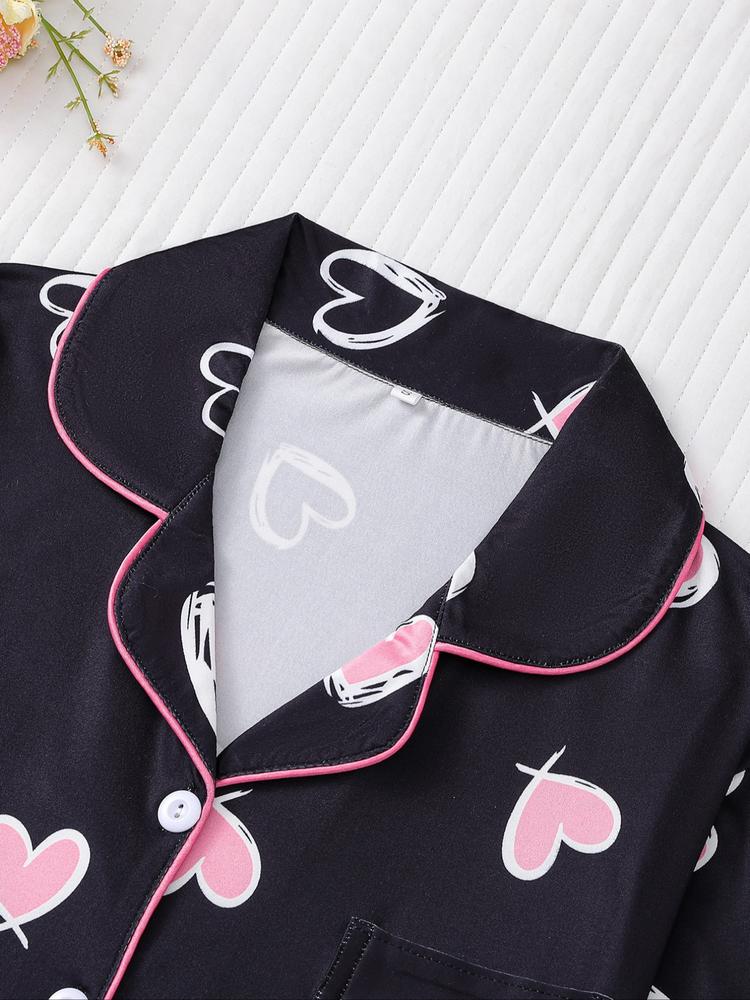 Women's Christmas Pajama Set, Heart Print Long Sleeve Shirt & Elastic Pants, Soft Knit Casual Loungewear Home Wear, Holiday Party Sleepwear