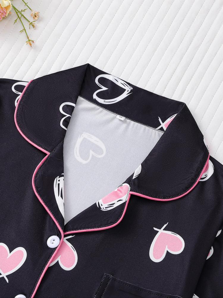 Women's Christmas Pajama Set, Heart Print Long Sleeve Shirt & Elastic Pants, Soft Knit Casual Loungewear Home Wear, Holiday Party Sleepwear