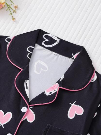 Women's Christmas Pajama Set, Heart Print Long Sleeve Shirt & Elastic Pants, Soft Knit Casual Loungewear Home Wear, Holiday Party Sleepwear