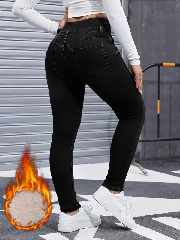 Women's High Elasticity Fleece Lined Thick Denim Jeans, Fall & Winter Fashion, Comfortable Slimming Jeans, Elegant Style