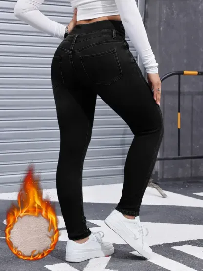Women's High Elasticity Fleece Lined Thick Denim Jeans, Fall & Winter Fashion, Comfortable Slimming Jeans, Elegant Style