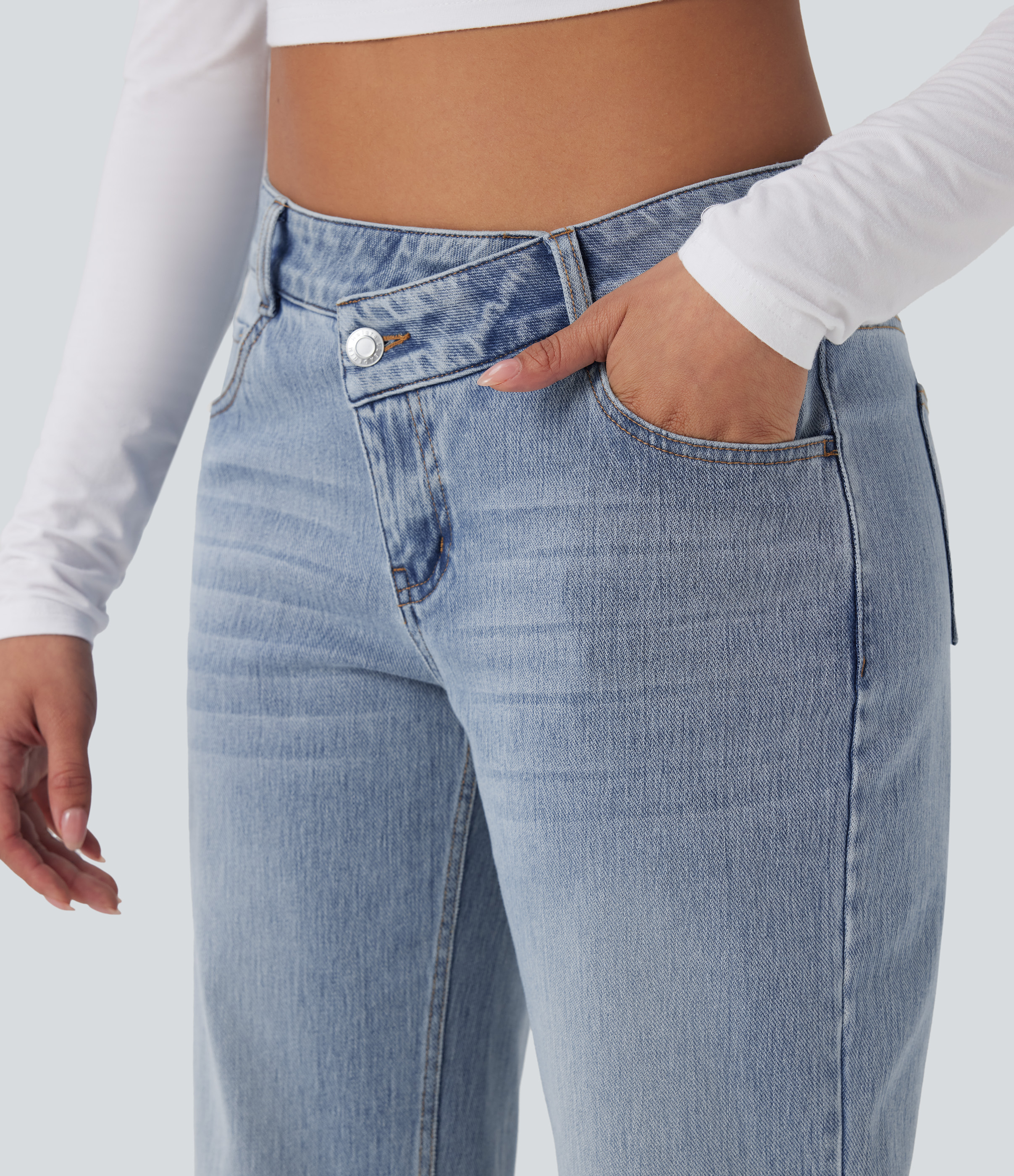 FlexAsymmetric Low Rise Straight Leg Casual Jeans with Pockets