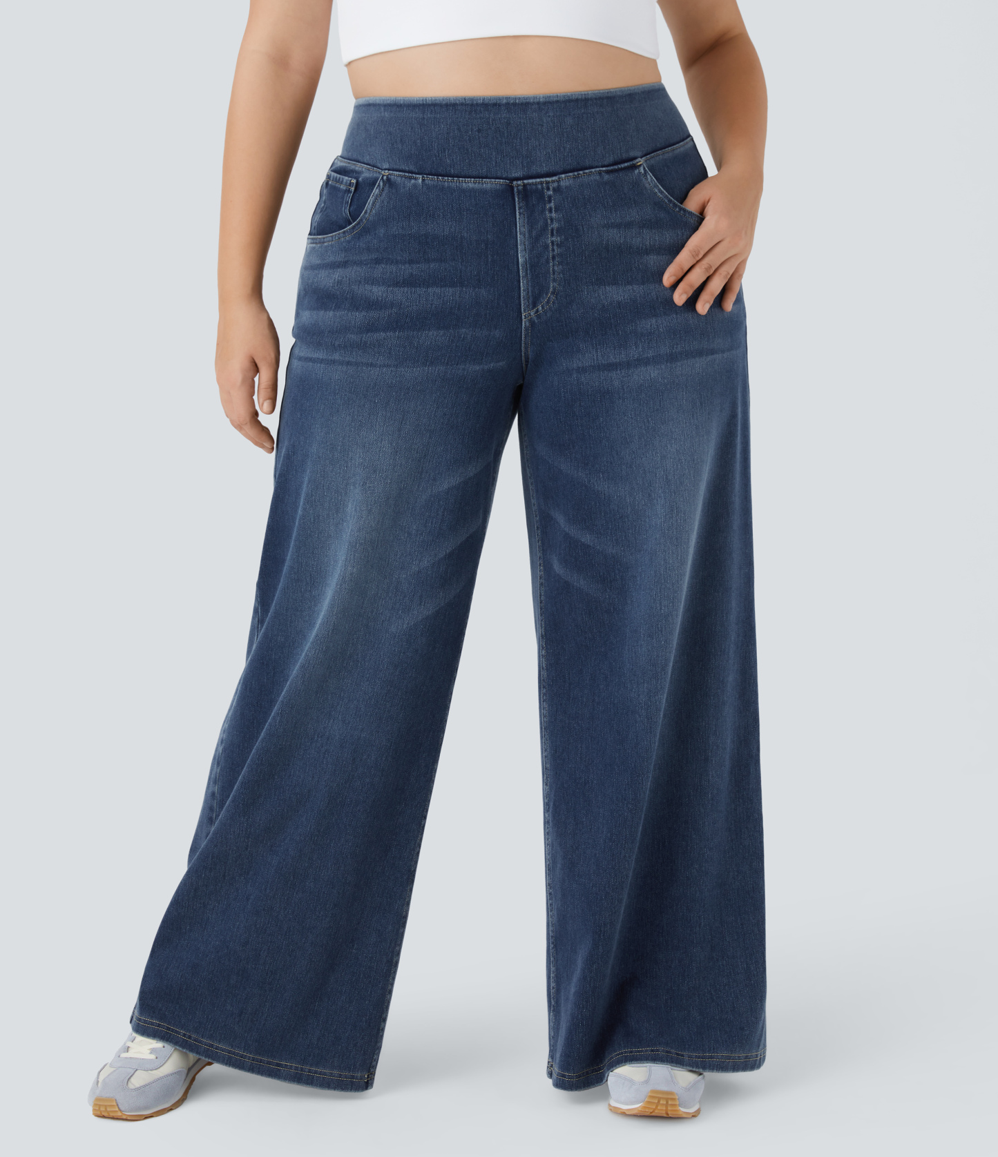 FlexHigh Waisted Pockets Baggy Wide Leg Washed Casual Plus Size Jeans