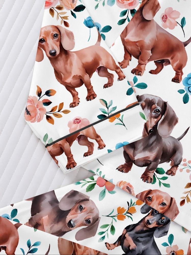 Women's Fall Winter Home Set, Cute Sausage Dog Print, Party Sleepwear, Buttoned Long Sleeve Top & Elastic Pants, Soft Stretch Fabric