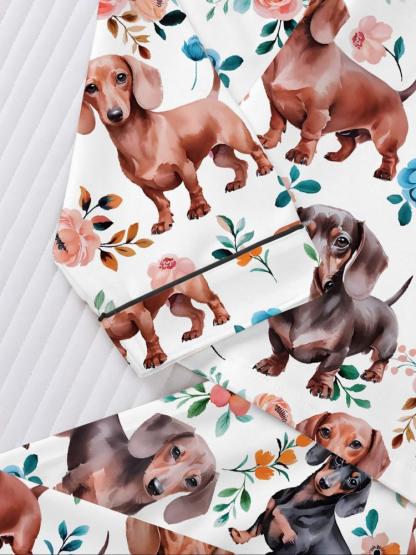 Women's Fall Winter Home Set, Cute Sausage Dog Print, Party Sleepwear, Buttoned Long Sleeve Top & Elastic Pants, Soft Stretch Fabric
