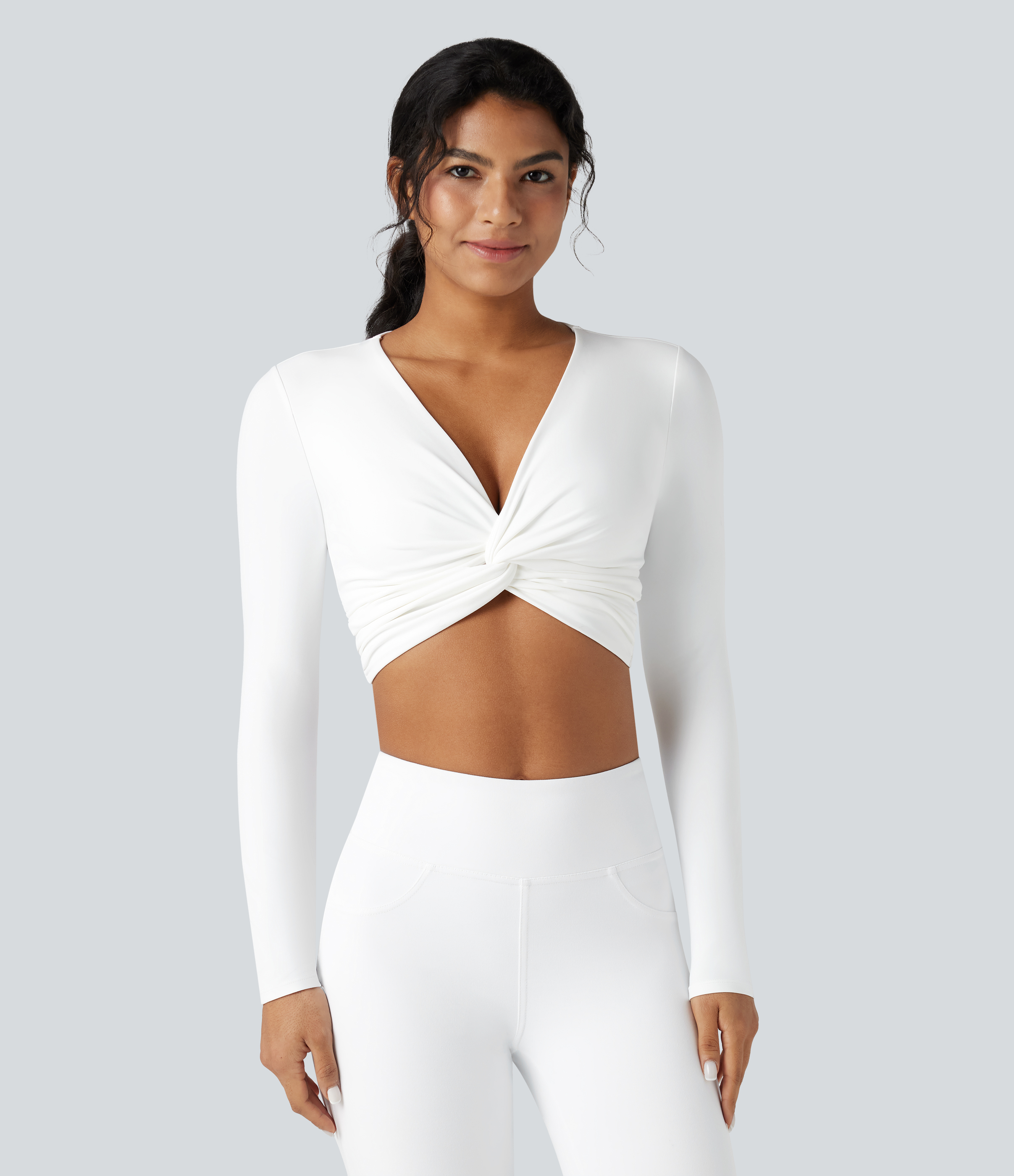 SoftlyZeroPlush Deep V-neck Long Sleeve Twisted Cropped Yoga Sports Top
