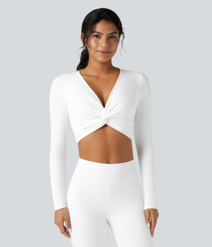 SoftlyZeroPlush Deep V-neck Long Sleeve Twisted Cropped Yoga Sports Top
