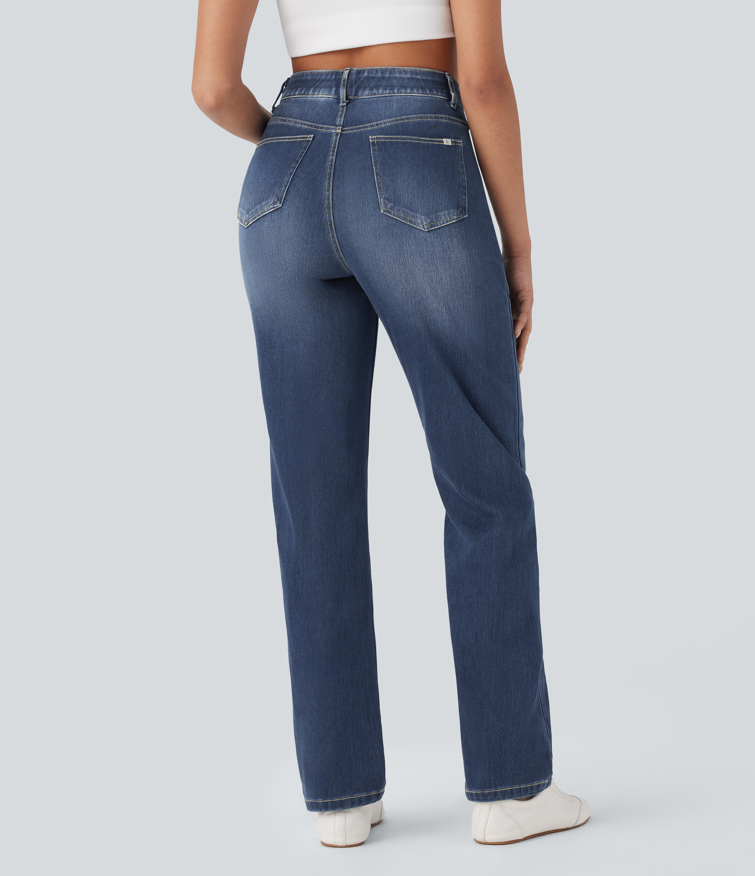 FlexHigh Waisted Pockets Straight Leg Washed Casual Jeans