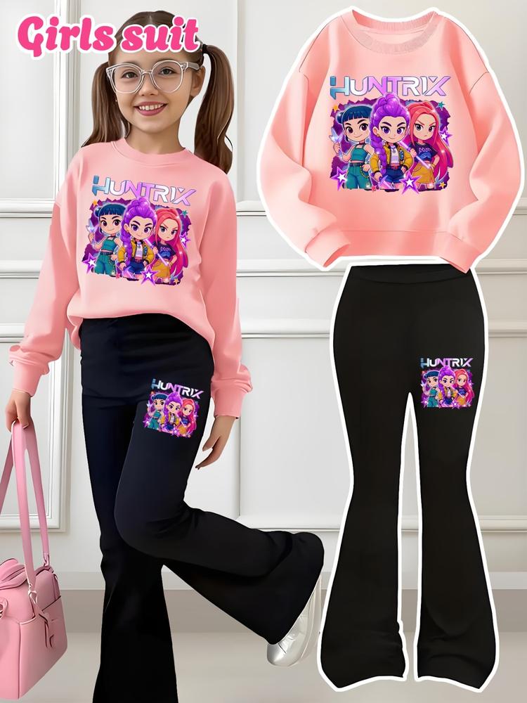 Halloween Christmas Kp Cool Girl Pattern Print 2-Piece Set, Power Girl Outfit, Girls' Casual Sportswear, Comfortable Elastic Waist Pants, Spring Fall Winter