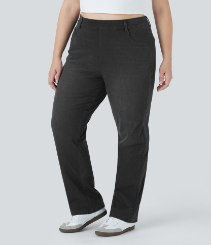 FlexHigh Waisted Pockets Straight Leg Washed Casual Plus Size Jeans