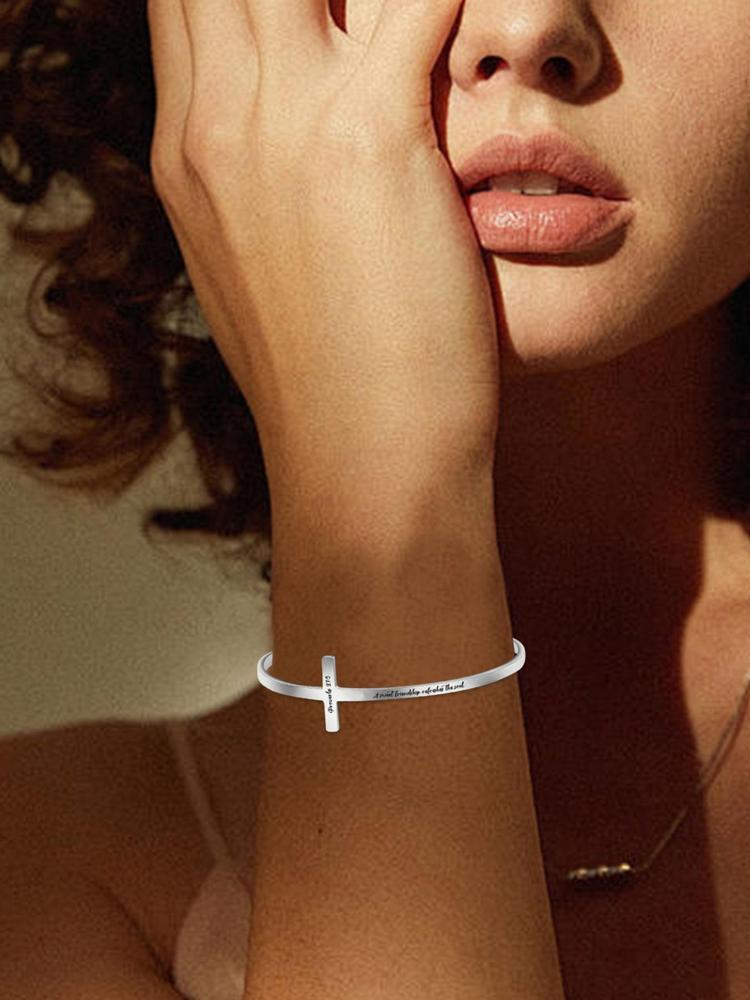Letter Carved Cross Design Adjustable Bangle, Stainless Steel Bangle Bracelet for Women & Men, Bible Verse Bracelet, Trendy All-match & Exquisite Jewelry for Birthday Gift