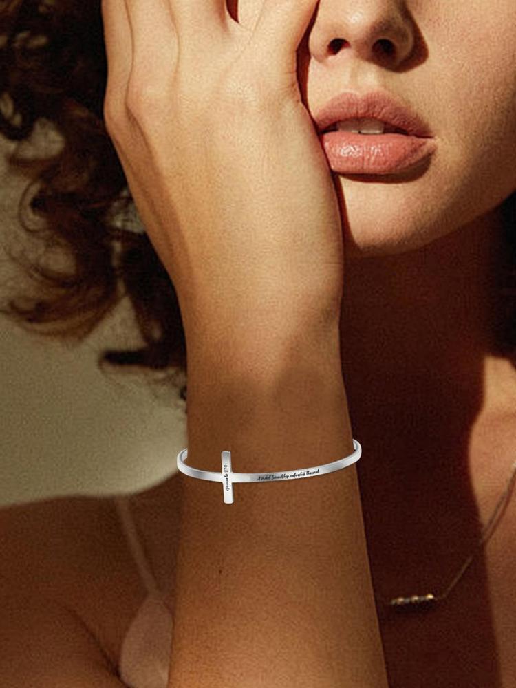Letter Carved Cross Design Adjustable Bangle, Stainless Steel Bangle Bracelet for Women & Men, Bible Verse Bracelet, Trendy All-match & Exquisite Jewelry for Birthday Gift