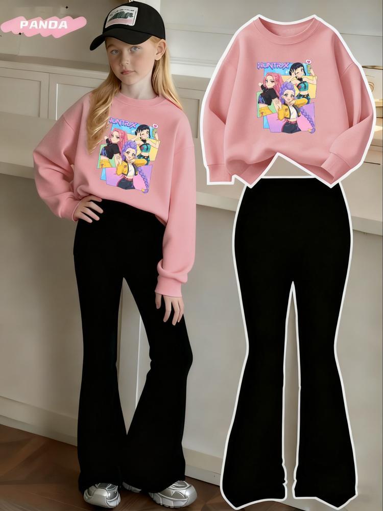 Women's Graphic Print Sweatshirt & Leggings Set, Casual Fitted Elastic Fabric for Spring Fall Outdoor Indoor Activities